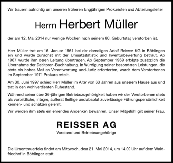 Traueranzeige von Herbert Müller von Kreiszeitung Böblinger Bote