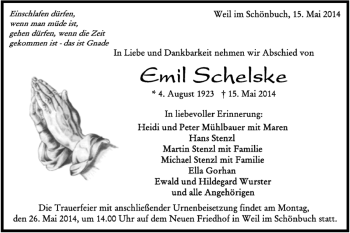 Traueranzeige von Emil Schelske von Kreiszeitung Böblinger Bote