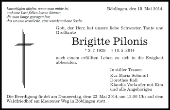 Traueranzeige von Brigitte Pilonis von Kreiszeitung Böblinger Bote