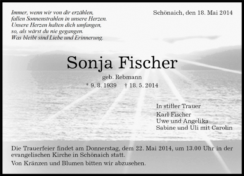  Traueranzeige für Sonja Fischer vom 19.05.2014 aus Kreiszeitung Böblinger Bote