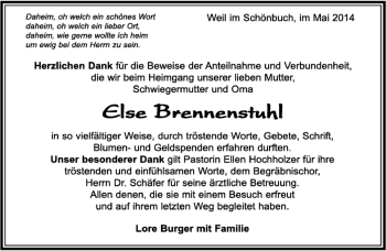 Traueranzeige von EIse Brennenstuhl von Kreiszeitung Böblinger Bote