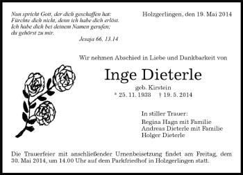 Traueranzeige von Inge Dieterle von Kreiszeitung Böblinger Bote