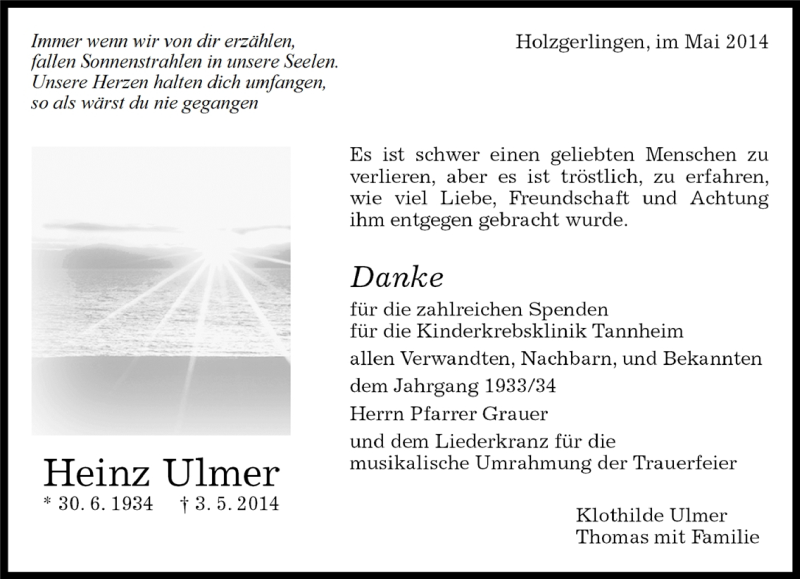  Traueranzeige für Heinz Ulmer vom 20.05.2014 aus Kreiszeitung Böblinger Bote