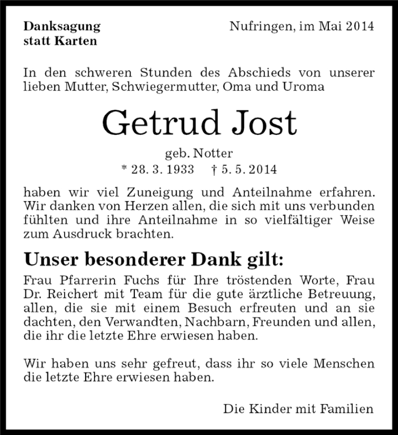  Traueranzeige für Gertrud Jost vom 21.05.2014 aus Kreiszeitung Böblinger Bote