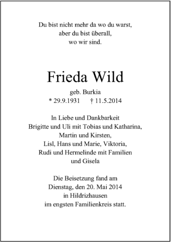 Traueranzeige von Frieda Wild von Kreiszeitung Böblinger Bote