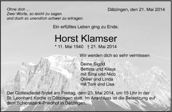 Traueranzeige von Horst Klamser von Kreiszeitung Böblinger Bote