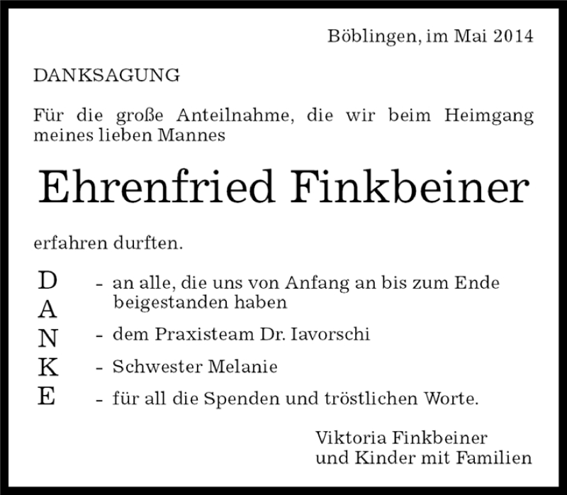  Traueranzeige für Ehrenfried Finkbeiner vom 22.05.2014 aus Kreiszeitung Böblinger Bote