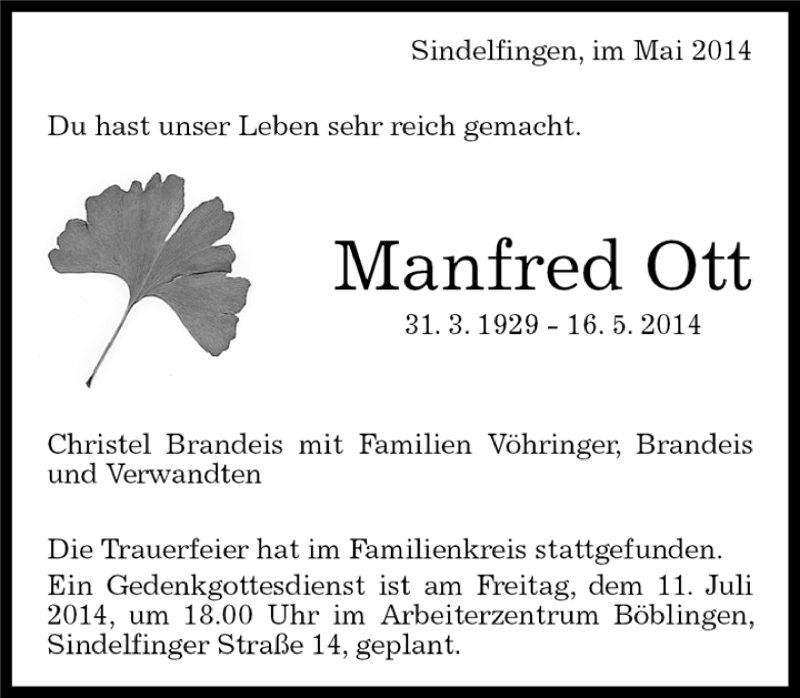  Traueranzeige für Manfred Ott vom 22.05.2014 aus Kreiszeitung Böblinger Bote