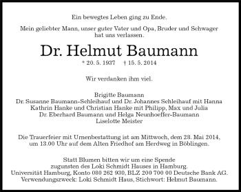 Traueranzeige von Helmut Baumann von Kreiszeitung Böblinger Bote