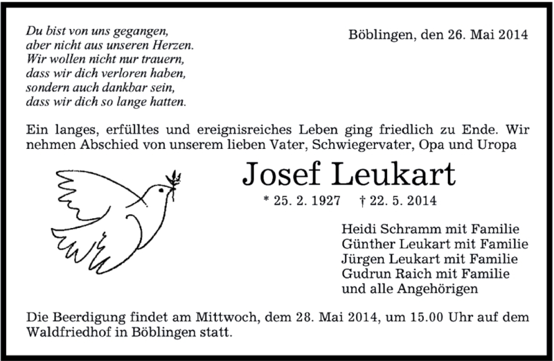  Traueranzeige für Josef Leukart vom 23.05.2014 aus Kreiszeitung Böblinger Bote