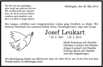 Traueranzeige von Josef Leukart von Kreiszeitung Böblinger Bote