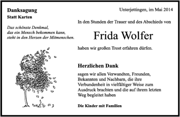 Traueranzeige von Frida Wolfer von Kreiszeitung Böblinger Bote