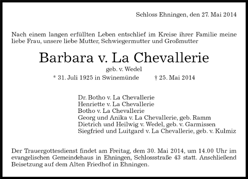  Traueranzeige für Barbara  v. La Chevallerie vom 26.05.2014 aus Kreiszeitung Böblinger Bote