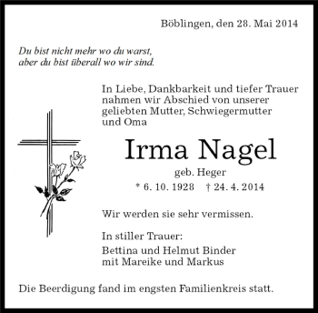 Traueranzeige von Irma Nagel von Kreiszeitung Böblinger Bote