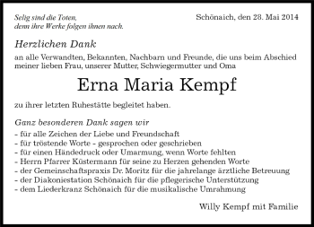 Traueranzeige von Erna Maria Kempf von Kreiszeitung Böblinger Bote