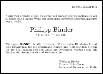 Traueranzeige von Philipp Binder von Kreiszeitung Böblinger Bote