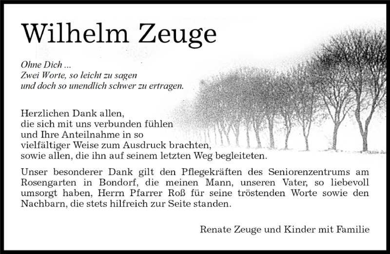  Traueranzeige für Wilhelm Zeuge vom 30.05.2014 aus Kreiszeitung Böblinger Bote