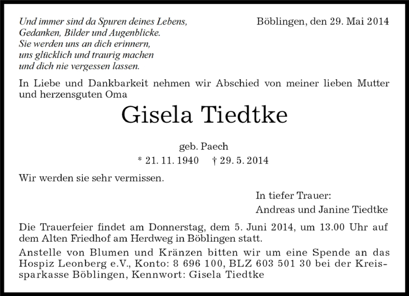  Traueranzeige für Gisela Tiedtke vom 30.05.2014 aus Kreiszeitung Böblinger Bote