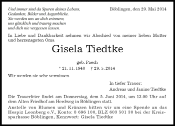 Traueranzeige von Gisela Tiedtke von Kreiszeitung Böblinger Bote