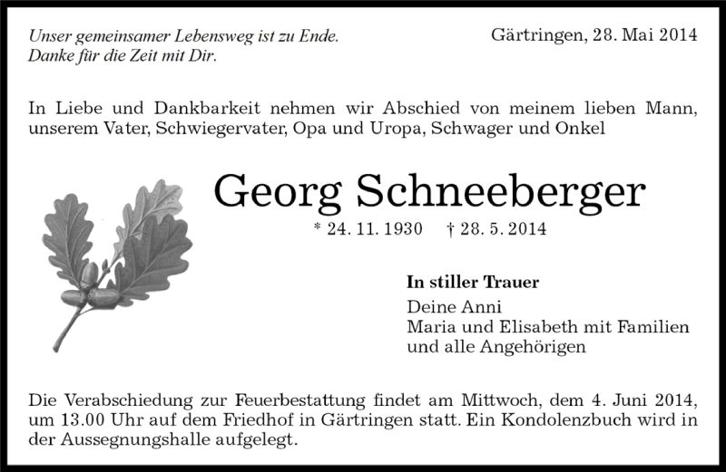  Traueranzeige für Gerog Schneeberger vom 02.06.2014 aus Kreiszeitung Böblinger Bote