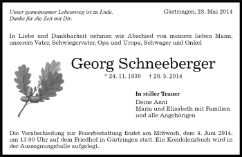 Traueranzeige von Gerog Schneeberger von Kreiszeitung Böblinger Bote