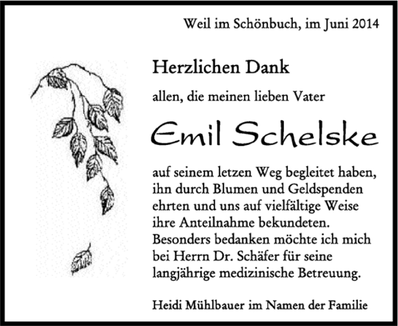  Traueranzeige für Emil Schelske vom 02.06.2014 aus Kreiszeitung Böblinger Bote
