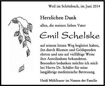 Traueranzeige von Emil Schelske von Kreiszeitung Böblinger Bote