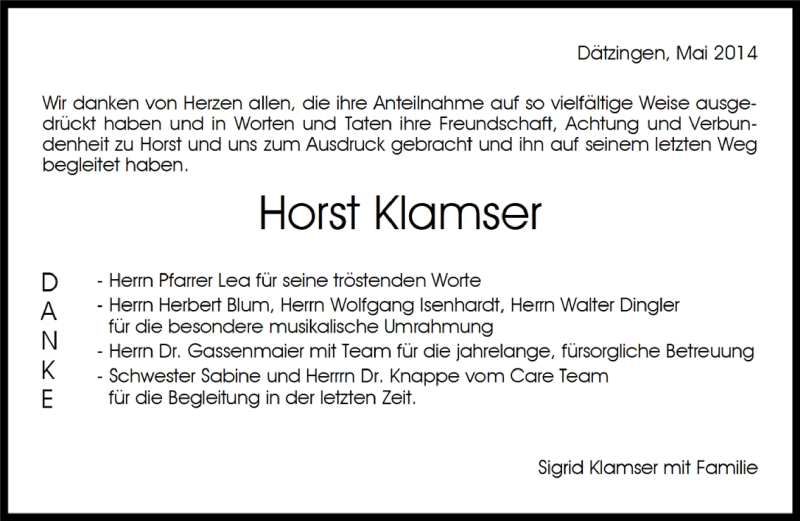  Traueranzeige für Horst Klamser vom 03.06.2014 aus Kreiszeitung Böblinger Bote