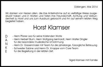 Traueranzeige von Horst Klamser von Kreiszeitung Böblinger Bote