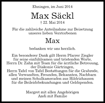 Traueranzeige von Max Säckl von Kreiszeitung Böblinger Bote