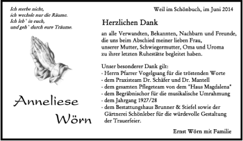 Traueranzeige von Anneliese Wörn von Kreiszeitung Böblinger Bote
