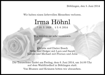 Traueranzeige von Irma Höhnl von Kreiszeitung Böblinger Bote