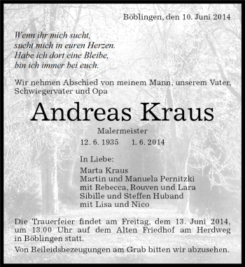 Traueranzeige von Andreas Kraus von Kreiszeitung Böblinger Bote