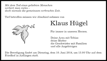 Traueranzeige von Klaus Hügel von Kreiszeitung Böblinger Bote