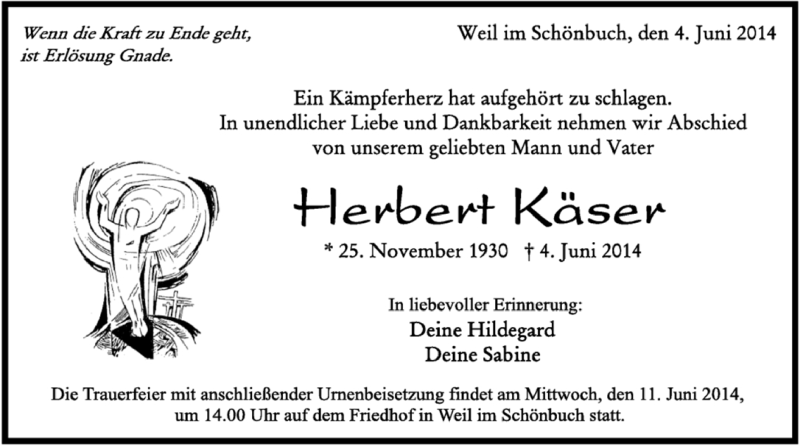  Traueranzeige für Herbert Käser vom 06.06.2014 aus Kreiszeitung Böblinger Bote