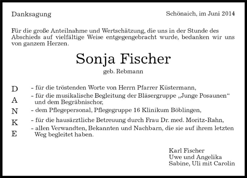  Traueranzeige für Sonja Fischer vom 06.06.2014 aus Kreiszeitung Böblinger Bote
