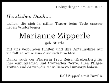 Traueranzeige von Marianne Zipperle von Kreiszeitung Böblinger Bote