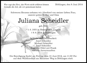 Traueranzeige von Juliana Scheidler von Kreiszeitung Böblinger Bote