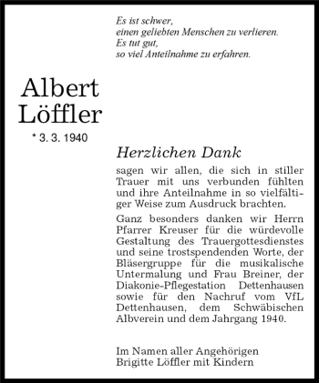 Traueranzeige von Albert Löffler von Kreiszeitung Böblinger Bote