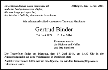 Traueranzeige von Gertrud Binder von Kreiszeitung Böblinger Bote