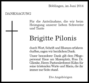 Traueranzeige von Brigitte Pilonis von Kreiszeitung Böblinger Bote