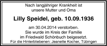 Traueranzeige von Lilly Speidel von Kreiszeitung Böblinger Bote
