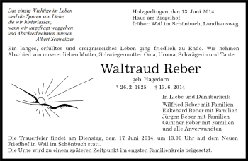 Traueranzeige von Waltraud Reber von Kreiszeitung Böblinger Bote