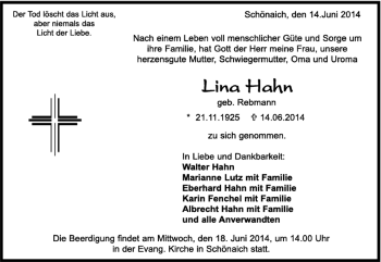 Traueranzeige von Lina Hahn von Kreiszeitung Böblinger Bote
