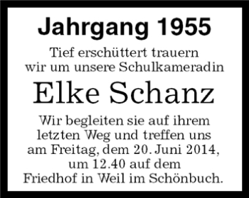 Traueranzeige von Elke Schanz von Kreiszeitung Böblinger Bote