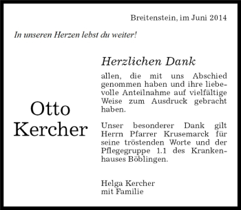 Traueranzeige von Otto Kercher von Kreiszeitung Böblinger Bote