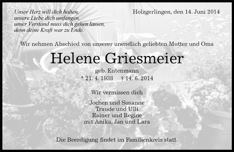  Traueranzeige für Helene Griesmeier vom 16.06.2014 aus Kreiszeitung Böblinger Bote