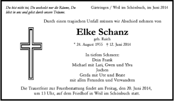 Traueranzeige von Elke Schanz von Kreiszeitung Böblinger Bote