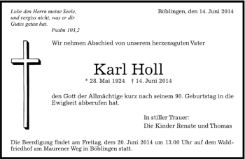 Traueranzeige von Karl Holl von Kreiszeitung Böblinger Bote