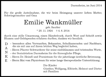 Traueranzeige von Emilie Wankmüller von Kreiszeitung Böblinger Bote